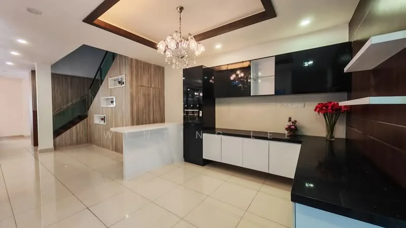 Living features: glossy white cabinetry, black granite countertop, recessed lighting, chandelier, cream tiled flooring, wood accent wall, open shelving, decorative wall with photo frames, staircase with wooden railing, neutral wall color; style: modern.