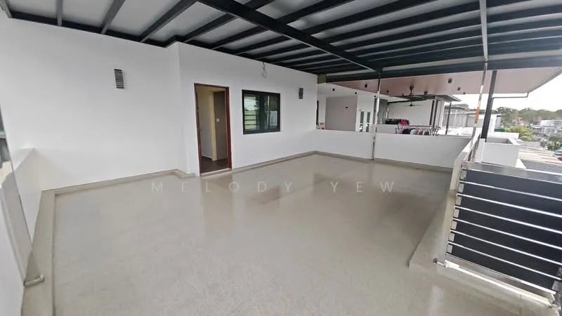 Room features: grey polished concrete flooring, white painted walls, black metal roof beams, large windows, sliding glass door, open layout, outdoor balcony space, no visible furniture or decor; style: modern; view: city.