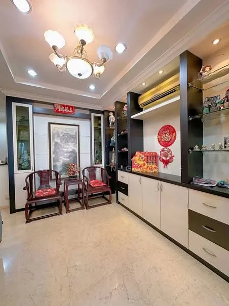Living features: cream painted walls, marble flooring, tray ceiling, recessed downlights, chandelier, built-in cabinetry with glass display, decorative wall art, two wooden armchairs, red decorative items, air conditioning unit; style: modern.