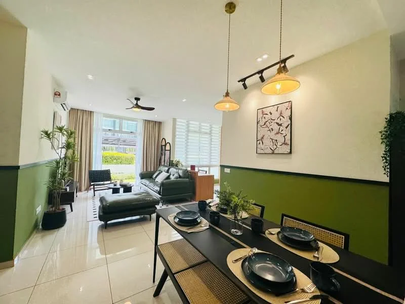 Living features: 3-seater leather sofa in dark green, coffee table, floor-to-ceiling windows, curtains, ceiling fan with light, wall-mounted TV, area rug, decorative plants, wall art, light-colored walls, green accent wall, tile flooring, dining table with chairs; style: modern; view: garden. Dining features: 6-seater dining table, black dining plates, decorative centerpiece, woven placemats, black dining chairs; style: modern.