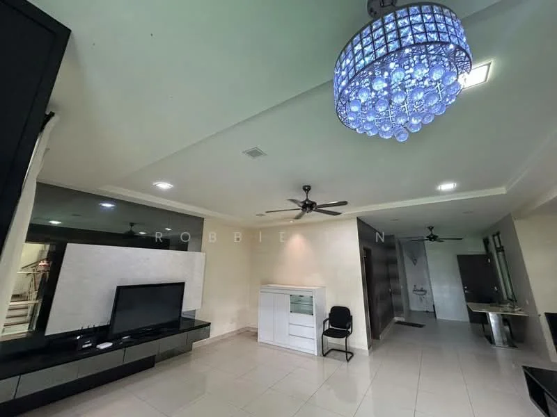 Living features: white painted walls, glossy tile flooring, tray ceiling, chandelier with blue accents, 2 ceiling fans, wall-mounted TV, black TV console, glass display cabinet, open layout, neutral color scheme; style: modern.
