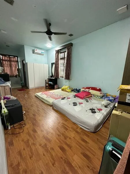 Bedroom features: wooden flooring, light blue painted walls, ceiling fan, two mattresses on the floor, curtains on windows, built-in wardrobe, TV on a stand, air conditioning unit, decorative pillows, boxes and luggage, wall-mounted mirror.