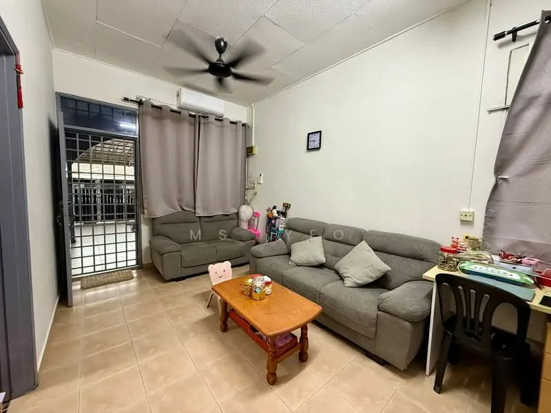 Living features: 2-seater fabric sofa in grey, 3-seater fabric sofa in grey, wooden coffee table, ceiling fan, tile flooring, light grey walls, curtains, decorative wall clock, open layout to entrance, visible security grille door; style: modern.