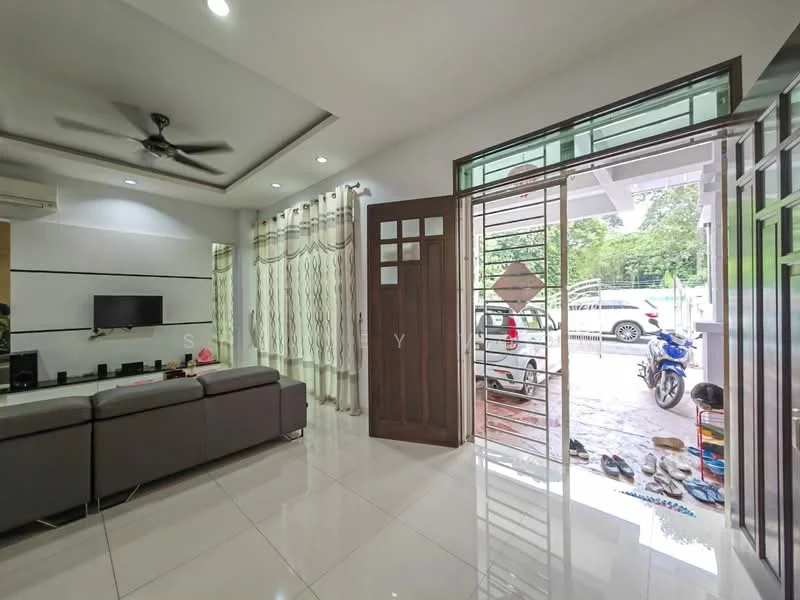 Living features: 3-seater grey fabric sofa, wall-mounted TV, coffee table, ceiling fan, recessed downlights, white painted walls, glossy white tile flooring, large windows with sheer curtains, decorative wall panel, open layout to entrance, entrance door with glass panel, visible outdoor area through door; style: modern; view: garden. Room features: entrance door, sliding glass door, outdoor parking area, motorcycle, shoes at entrance.