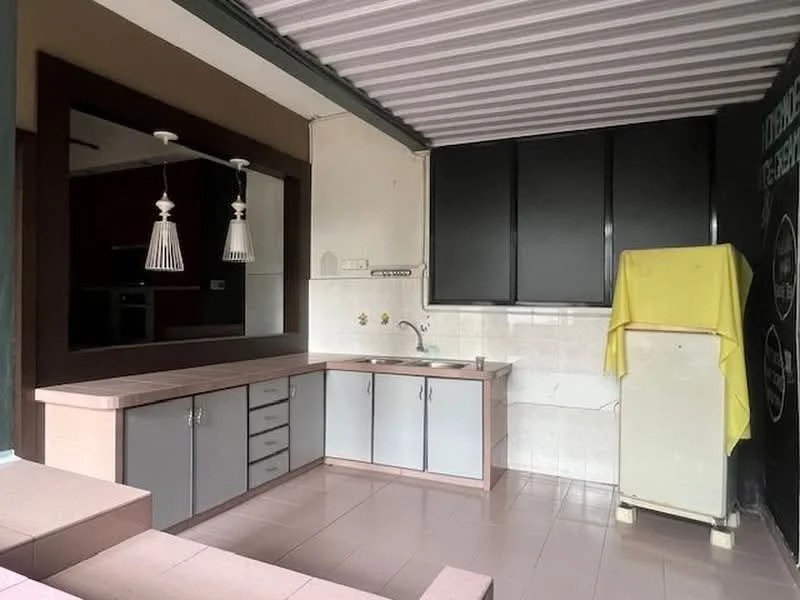 Kitchen features: grey cabinetry, white countertop, single-bowl stainless-steel sink, chrome pull-down faucet, built-in oven, freestanding fridge, pendant lighting, tile backsplash, pink tiled flooring, white wall tiles, window with view, utility area with washing machine, open shelving; style: modern.