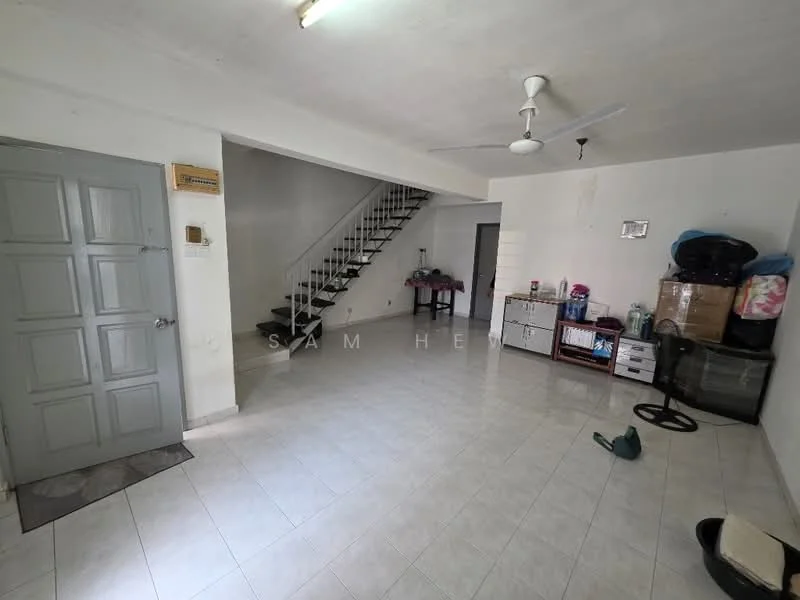 Living features: white painted walls, ceramic tile flooring, ceiling fan, staircase with metal railing, large window for natural light, open layout, storage cabinets, decorative wall mirror, furniture items including a table and chairs.