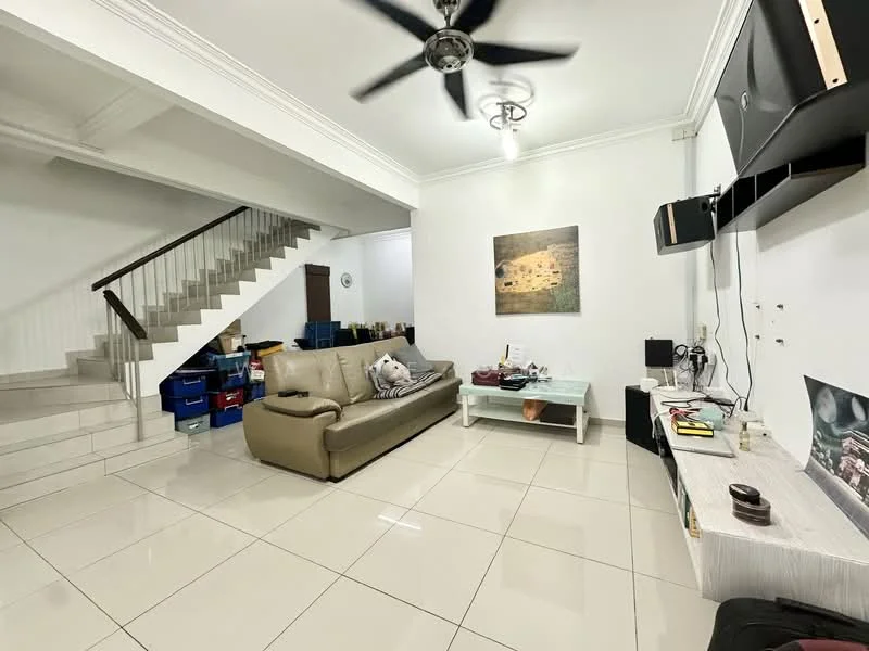 Living features: cream painted walls, white ceiling with crown moulding, polished ceramic tile flooring, 3-seater fabric sofa in beige, ceiling fan with light, coffee table, TV console, wall-mounted TV, decorative artwork, open shelving, built-in cabinets; style: modern. Room features: staircase with wooden handrail, storage boxes in blue.