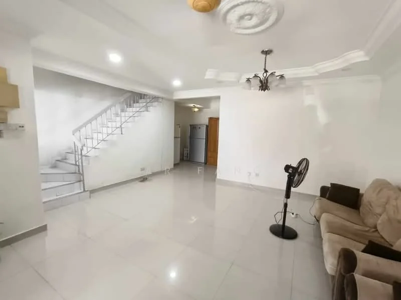 Living features: white painted walls, polished ceramic tile flooring, tray ceiling with decorative light fixture, recessed downlights, ceiling fan, large window, sofa in beige fabric, floor-to-ceiling windows, staircase with metal railing, open layout; style: modern.