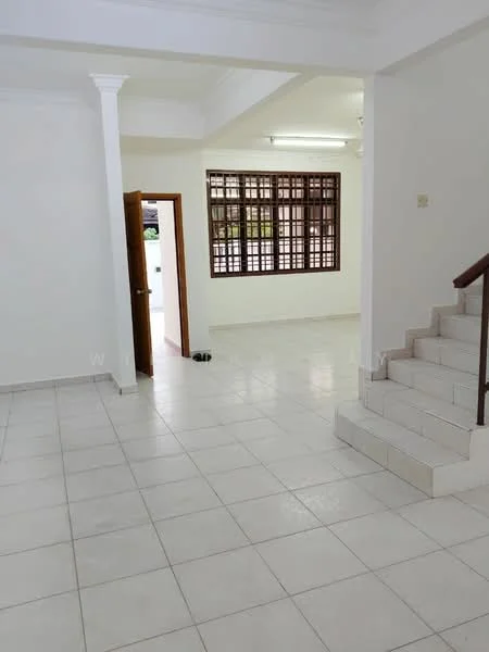 Room features: white painted walls, tile flooring, staircase with wooden railing, large window with grid pattern, ceiling lights, open layout, doorway leading to another room, neutral color scheme; style: modern.