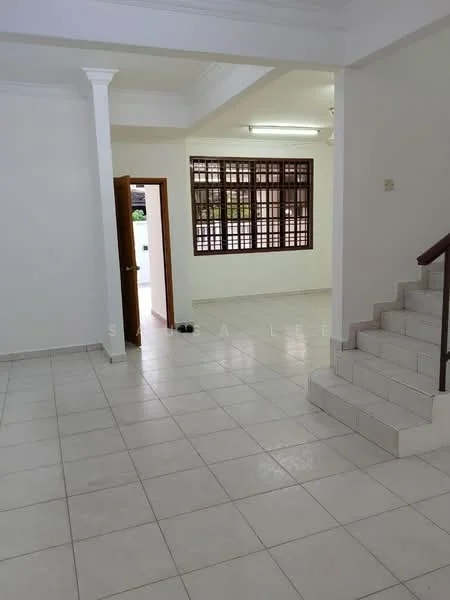 Room features: white painted walls, tile flooring, staircase with wooden railing, large window with grid pattern, ceiling lights, open layout, doorway leading to another room, neutral color scheme; style: modern.