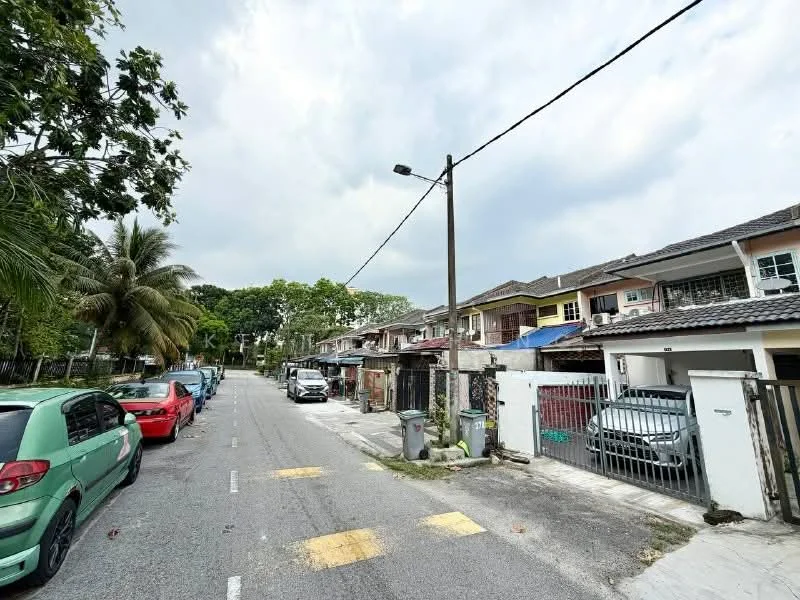 Exterior type: linked terrace house; features: two-storey linked terrace houses, paved driveway, street lined with parked cars, tropical landscaping with palm trees, overhead power lines, sidewalk, residential street, fenced front yards; style: modern.