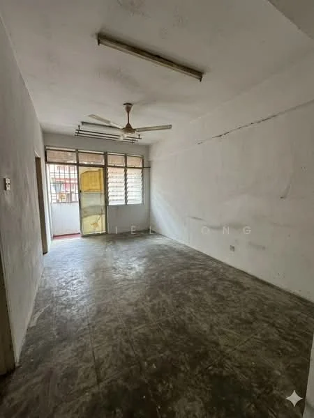 Room features: white painted walls, concrete flooring, ceiling fan, sliding glass door, window with metal grilles, natural light from window, exposed ceiling, no visible furnishings.