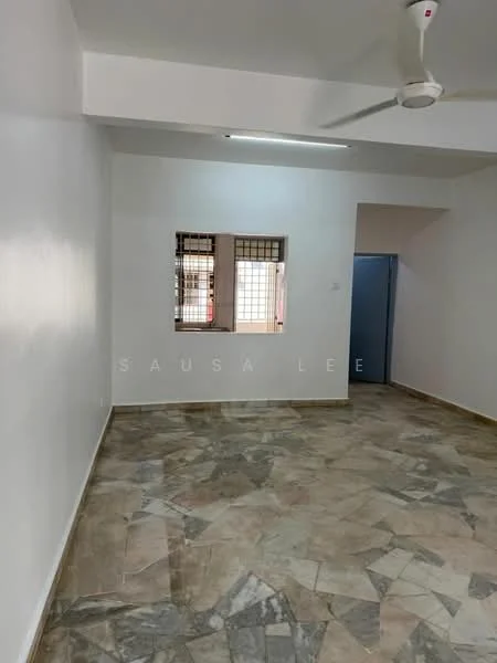 Room features: white painted walls, marble flooring, ceiling fan, window with security bars, doorway leading to another room.