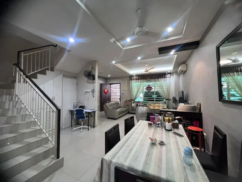 Living features: 5-blade ceiling fan with light, recessed downlights, cream painted walls, white tiled flooring, sofa set in light grey, coffee table, TV console, wall-mounted TV, curtains, decorative mirror; style: modern. Dining features: 6-seater dining table, upholstered dining chairs, tablecloth, decorative items on table; style: modern. Room features: staircase, wall-mounted air conditioning unit, study desk, window with blinds.