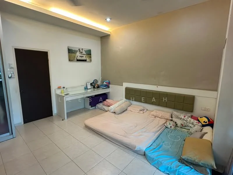 Bedroom features: cream painted walls, tile flooring, queen-size bed with bedding, study desk, wall-mounted shelf, framed artwork, built-in wardrobe, floor lamp, decorative pillows, window with natural light; style: modern.