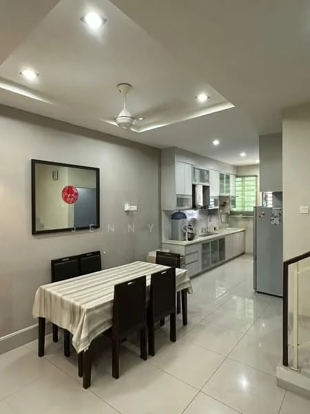 Dining features: 4-seater dining table with striped tablecloth, dark wooden dining chairs, white tiled flooring, recessed downlights, wall-mounted mirror, ceiling fan, open layout to kitchen, neutral painted walls; style: modern. Kitchen features: L-shaped kitchen layout, light grey cabinetry, stainless-steel fridge, built-in oven, ceramic cooktop, kitchen countertop with backsplash, window for natural light, sink with faucet; style: modern.