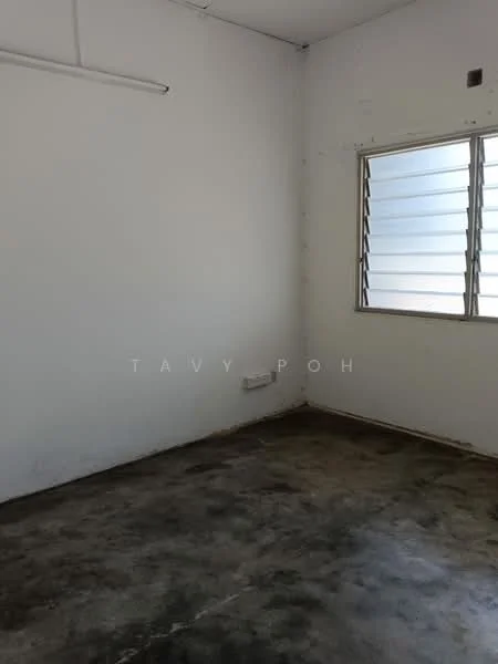 Room features: white painted walls, concrete flooring, sliding windows, natural light from window, ceiling light fixture, corner room.