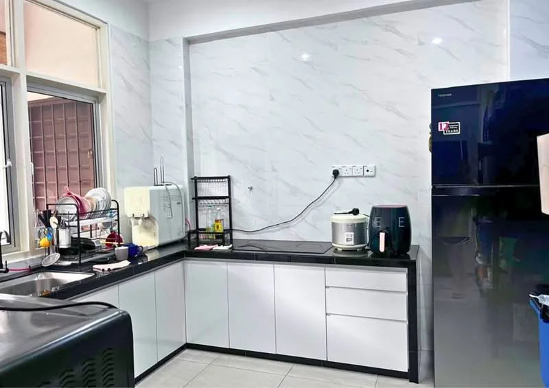 Kitchen features: white shaker cabinets, black countertop, stainless-steel sink, chrome pull-down faucet, built-in microwave, rice cooker, electric kettle, refrigerator, ceramic tile flooring, white marble backsplash, wall-mounted storage rack, dish rack, window with sheer curtains; style: modern.