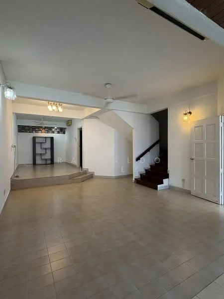Living features: white painted walls, tile flooring, 5-blade ceiling fan, recessed downlights, staircase leading to upper floor, wall-mounted light fixtures, open layout, large windows for natural light; style: modern. Room features: white painted walls, tile flooring, staircase leading to upper floor.
