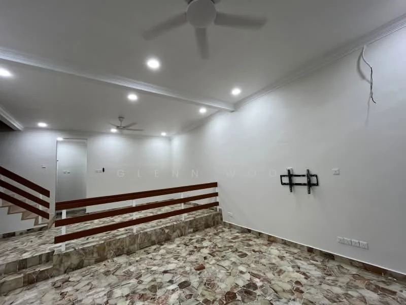 Room features: white painted walls, recessed LED downlights, 5-blade ceiling fan, stone flooring with mixed patterns, wooden railing, staircase, TV wall mount, crown moulding; style: modern.