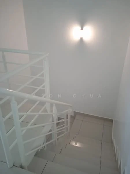Room features: white painted walls, tile flooring, white railing, wall-mounted light fixture; style: modern.