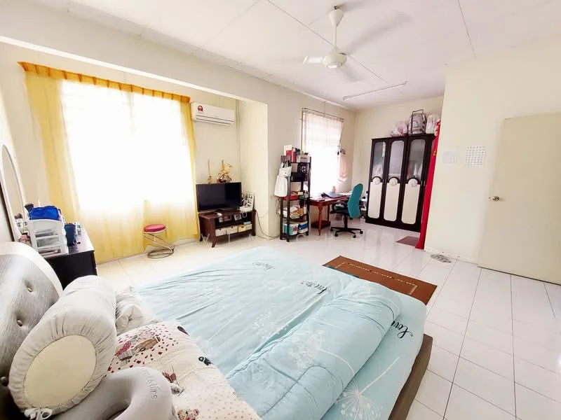 Bedroom features: queen-size bed with light blue bedding, upholstered headboard, 2 bedside tables, wall-mounted TV, ceiling fan, large window with sheer curtains, built-in wardrobe with sliding doors, study desk with chair, tile flooring, air conditioning unit; style: modern.