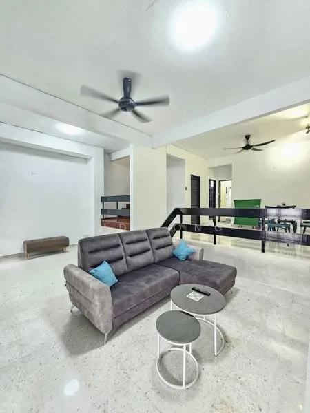 Living features: 3-seater fabric sofa in grey, 2 round coffee tables, ceiling fan, marble flooring, white painted walls, recessed downlights, open layout, decorative cushions in blue; style: modern.