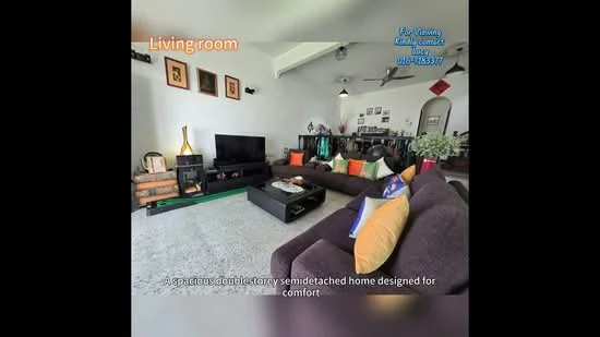 Living features: 3-seater fabric sofa in dark brown, 2-seater fabric sofa in dark brown, coffee table with black surface, TV console with wooden finish, wall-mounted TV, area rug with geometric pattern, ceiling fan with light, decorative cushions in various colors, framed artwork on walls, built-in shelving with decorative items, large windows with natural light; style: modern.