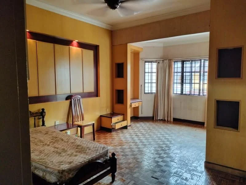 Bedroom features: wooden flooring, yellow painted walls, ceiling fan, window with grid pattern, curtains, built-in wardrobe, wooden bed frame, nightstand, decorative wall lighting, study desk, chair; style: traditional.
