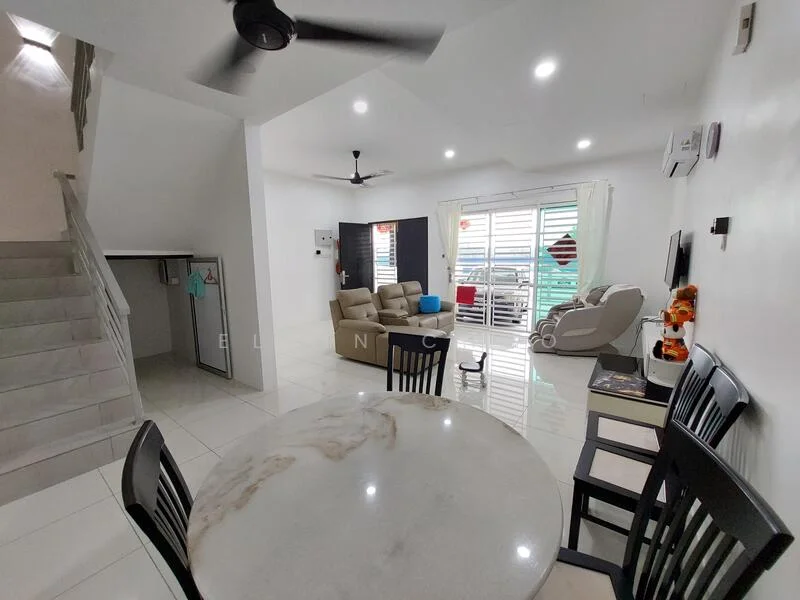 Living features: white painted walls, marble tile flooring, ceiling fan, sofa in beige, coffee table with marble top, TV console, wall-mounted TV, area rug, large windows with blinds, decorative items on shelves; style: modern. Dining features: round dining table with marble top, 4 black dining chairs; style: modern. Room features: staircase leading to upper floor, air conditioning unit on wall.