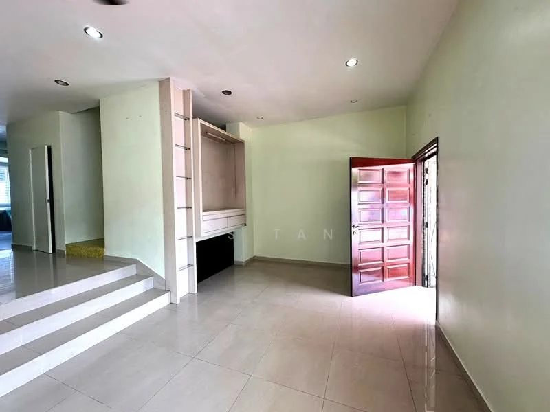 Room features: white painted walls, glossy tile flooring, recessed downlights, wooden front door, built-in shelving unit, steps leading to another area, large windows for natural light; style: modern.