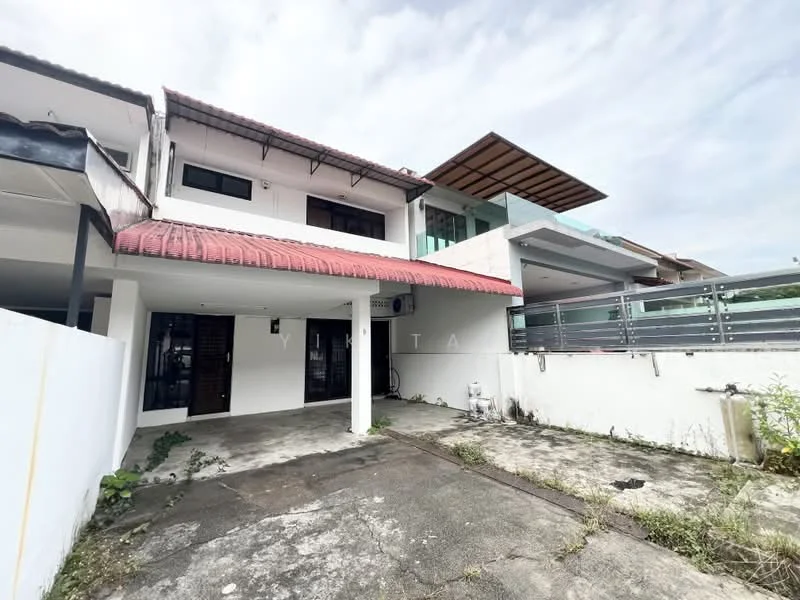 Exterior type: semi-detached house; features: red tiled roof, white painted facade, glass balcony, concrete driveway, manicured lawn, surrounding greenery, two-storey structure, outdoor space, fenced perimeter; style: modern.