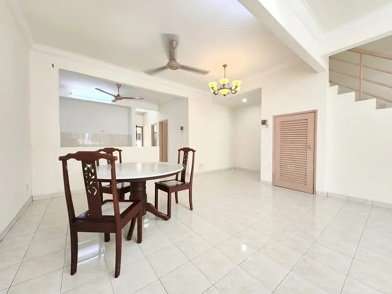 Dining features: round dining table, 4 wooden dining chairs, white tiled flooring, ceiling fan with light, wall-mounted light fixture, cream painted walls, crown moulding, sliding door to hallway, staircase in background; style: modern.