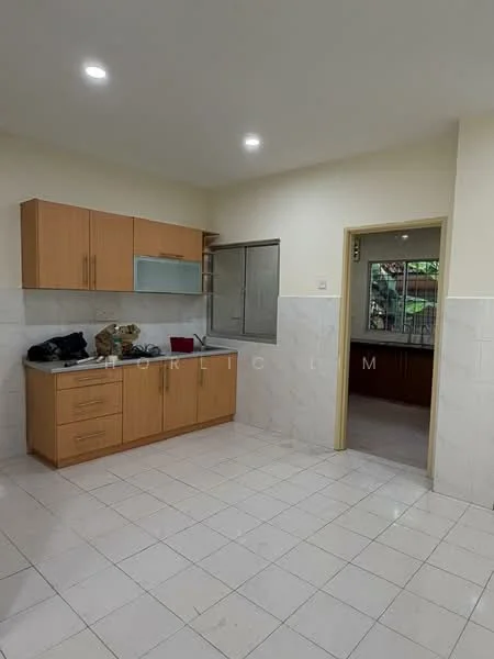 Kitchen features: laminate cabinetry in light wood finish, stainless-steel sink, chrome pull-down faucet, ceramic tile backsplash, white tiled walls, white tiled flooring, built-in countertop, window with security bars, space for refrigerator, under-cabinet lighting; style: modern. Room features: white painted walls, doorway leading to another room, window with view to outside.