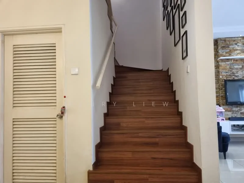 Room features: wooden staircase, laminate flooring, white painted walls, handrail, framed wall art, door with louvered panels, light switch, wall-mounted light fixture; style: modern.