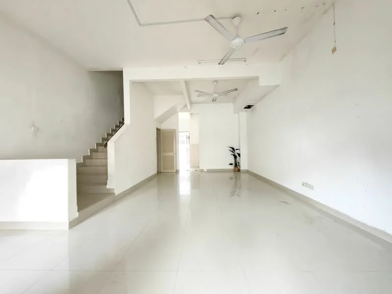 Living features: white painted walls, polished ceramic tile flooring, 5-blade ceiling fan, 2 ceiling fans, staircase leading to upper floor, large open space, natural light from windows, indoor plant in corner; style: minimalist.