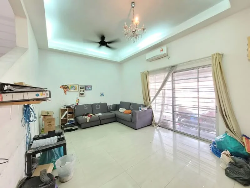 Living features: grey fabric sectional sofa, chandelier, 5-blade ceiling fan, white painted walls, recessed lighting, sliding glass door, curtains, glossy tile flooring, decorative wall art, open space layout; style: modern.