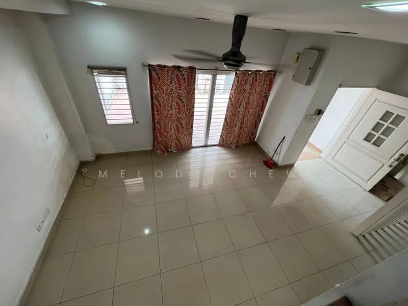 Living features: cream tiled flooring, white painted walls, ceiling fan, sliding glass door, red patterned curtains, two narrow windows, light fixtures, open layout; style: modern.