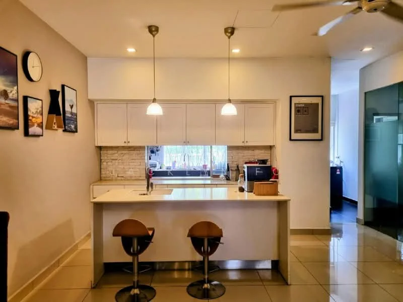 Kitchen features: white cabinetry, marble countertop, stainless-steel sink, chrome pull-down faucet, pendant lighting, stone backsplash, bar seating with two stools, built-in microwave, refrigerator, tile flooring, ceiling fan, wall clock, framed artwork; style: modern.