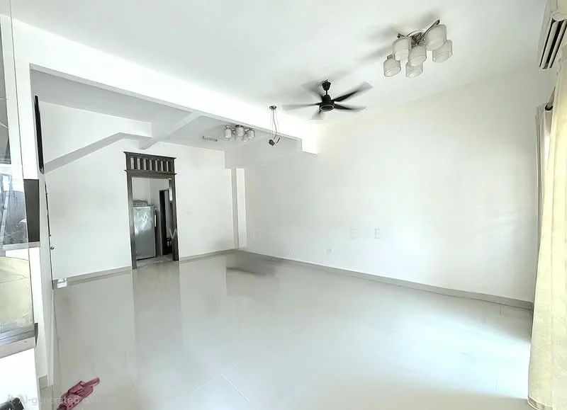 Living features: white painted walls, polished ceramic tile flooring, 5-blade ceiling fan with light, recessed downlights, large window with sheer curtains, open layout, high ceiling, air conditioning unit; style: modern.