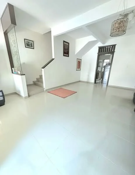 Living features: white painted walls, glossy ceramic tile flooring, sliding glass door, staircase with wooden railing, pendant light fixture, area rug, large windows, open layout; style: modern.