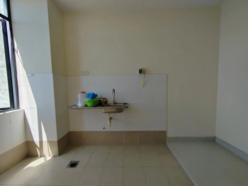 Laundry features: single-bowl stainless-steel sink, chrome faucet, white tiled backsplash, light beige wall tiles, light beige floor tiles, large window for natural light, drainage outlet on floor, wall-mounted electrical outlet.