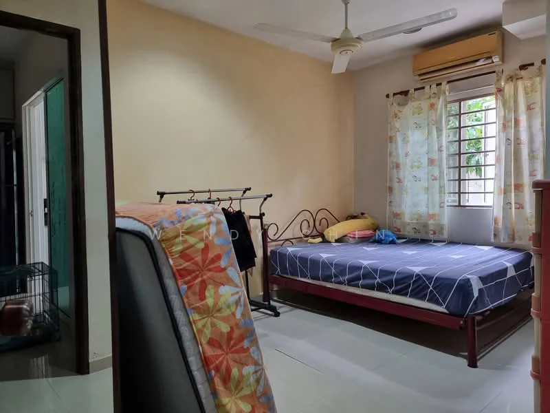 Bedroom features: queen-size bed with blue bedding, metal bed frame, light-colored walls, ceiling fan, window with sheer curtains, wooden window frame, tile flooring, clothes rack, decorative pillows, air conditioning unit, small bedside table, wall-mounted mirror; view: garden.