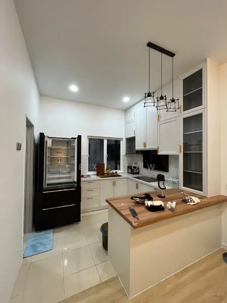 Kitchen features: white shaker cabinets, wood countertop, stainless-steel fridge, built-in microwave, ceramic tile flooring, recessed LED downlights, black kitchen island, kitchen utensils on countertop, glass-front upper cabinets, sink, modern pendant lighting; style: modern.