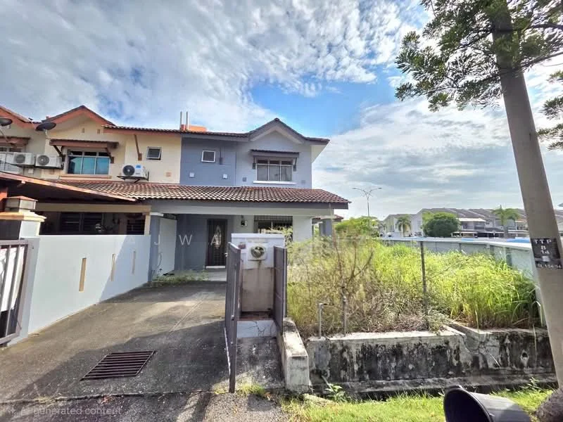 Exterior type: linked terrace house; features: two-storey building, grey painted facade, red tiled roof, manicured lawn, fenced yard, driveway with interlocking pavers, visible air conditioning units, front porch area, surrounded by greenery, street view; style: modern.