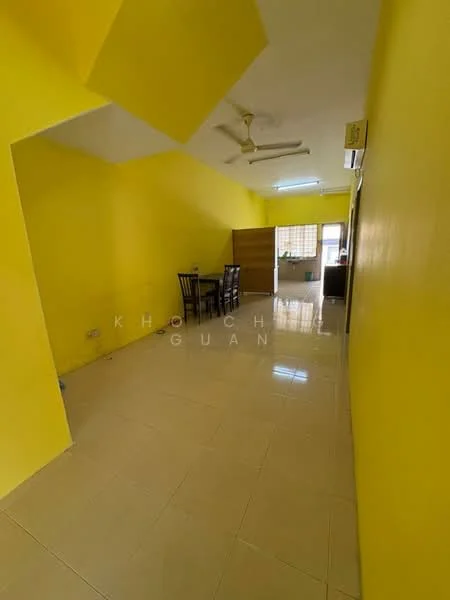 Living features: yellow painted walls, glossy ceramic tile flooring, ceiling fan, window with sheer curtains, dining table with four chairs, air conditioning unit, light switch, doorway leading to another room.