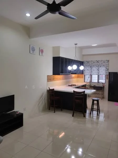 Kitchen features: black cabinetry, wooden countertop, stainless-steel sink, chrome pull-down faucet, 4-burner gas hob, built-in oven, pendant lighting, recessed downlights, tile flooring, window with sheer curtains, breakfast bar, stools, open layout to living area, wall-mounted TV; style: modern. Living features: wall-mounted TV, sofa, tile flooring; style: modern.