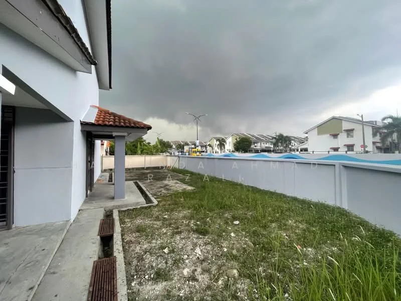 Exterior type: semi-detached house; features: grey painted facade, red tiled roof, concrete walkway, manicured lawn, surrounding residential area, overcast sky; style: modern.