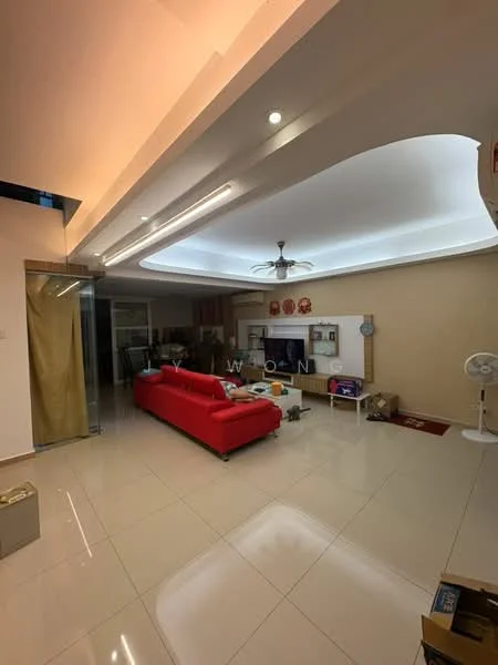 Living features: red fabric sofa, coffee table, wall-mounted TV, entertainment unit, ceiling fan with light, recessed downlights, cream painted walls, glossy tile flooring, decorative wall art, sliding glass door, area rug, built-in shelving, decorative items on shelves; style: modern.