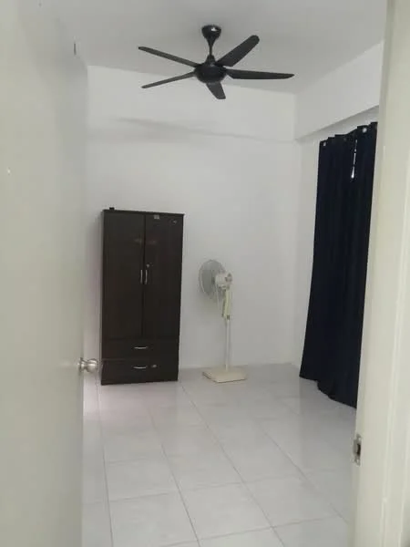 Room features: white painted walls, white tiled flooring, 5-blade ceiling fan, black curtains, dark wood wardrobe, standing fan; style: modern.